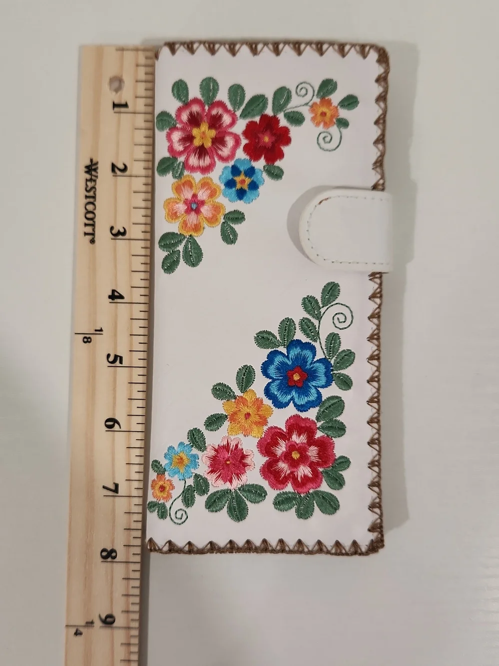 LAVISHY Elma Bohemian Flower Embroidered Large Flat Wallet White Vagan Leather